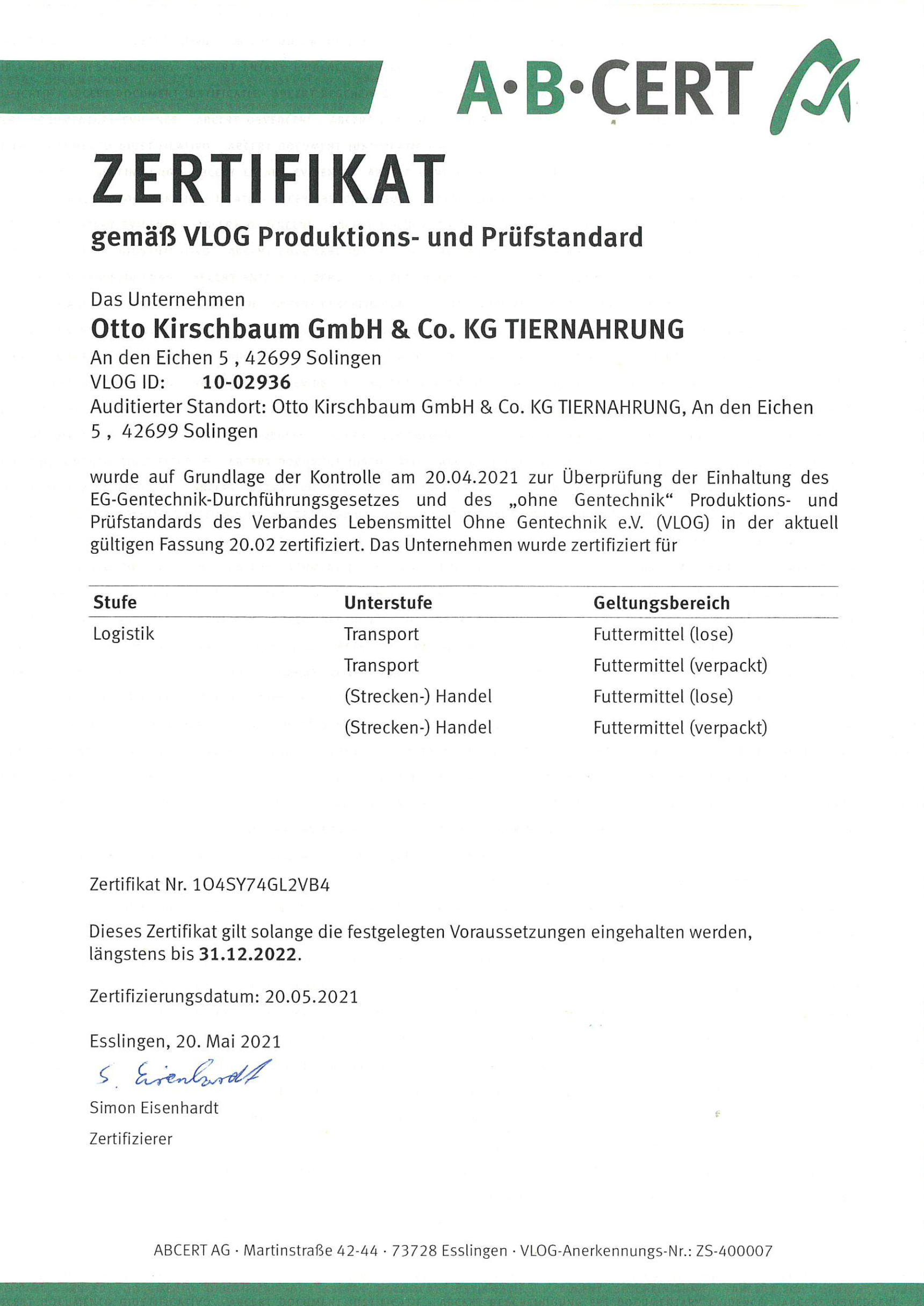 VLOG - Zertifikat bis 31.12.2022