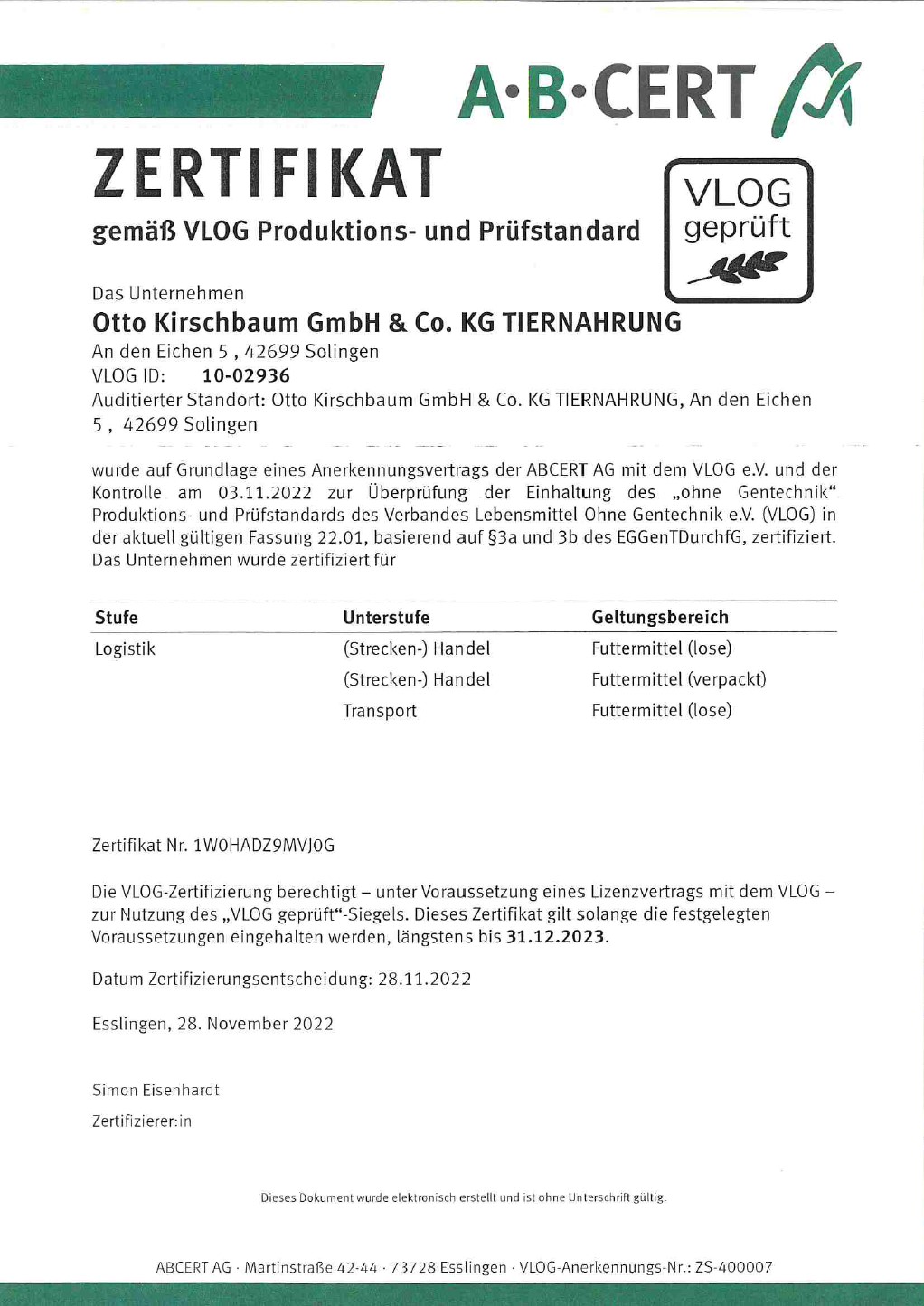 VLOG - Zertifikat bis 31.01.2024